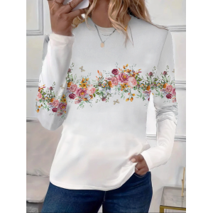 Women's Long Sleeve Tee T-shirt Spring/Fall Floral Printing Crew Neck Casual Top