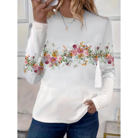 Women's Long Sleeve Tee T-shirt Spring/Fall Floral Printing Crew Neck Casual Top