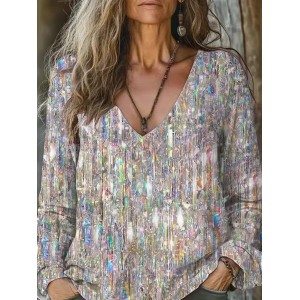 Women's Long Sleeve Tee T-shirt Spring/Fall Geometric Printing V Neck Casual Graphic Tee Top