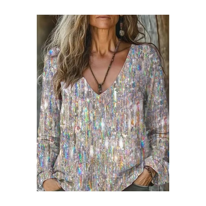 Women's Long Sleeve Tee T-shirt Spring/Fall Geometric Printing V Neck Casual Graphic Tee Top