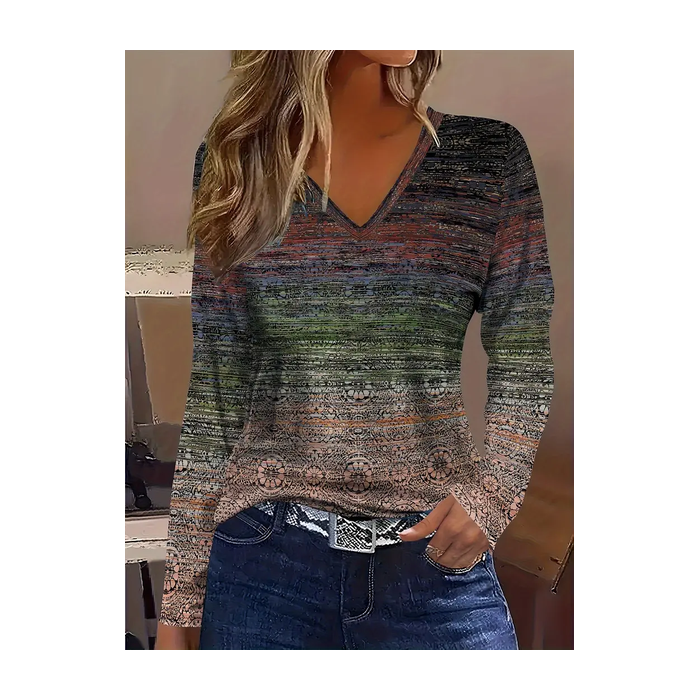 Women's Long Sleeve Tee T-shirt Spring/Fall Geometric Printing V Neck Casual Graphic Tee Top