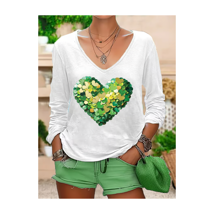 Women's Long Sleeve Tee T-shirt Spring/Fall Heart/Cordate Printing V Neck Casual Graphic Tee Top