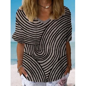 Women's Short Sleeve Blouse Summer Geometric Cotton Crew Neck Daily Going Out Casual Top