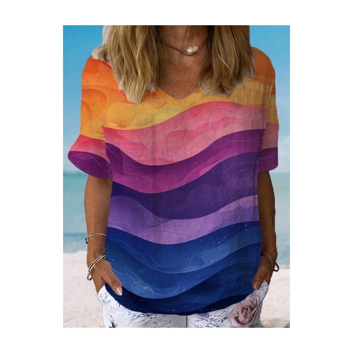 Women's Short Sleeve Blouse Summer Ombre Cotton Crew Neck Daily Going Out Casual Top