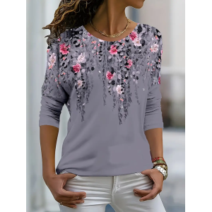 Women's Long Sleeve Tee T-shirt Spring/Fall Floral Printing Crew Neck Casual Graphic Tee Top