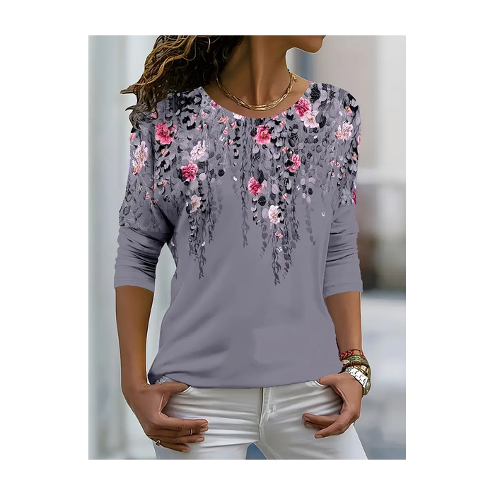 Women's Long Sleeve Tee T-shirt Spring/Fall Floral Printing Crew Neck Casual Graphic Tee Top