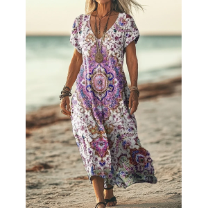 Women's Short Sleeve Summer Floral Printing Dress V Neck Daily Going Out Casual Maxi T-Shirt Dress H-Line Dress