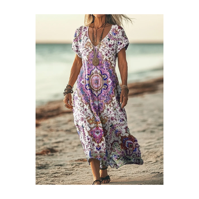 Women's Short Sleeve Summer Floral Printing Dress V Neck Daily Going Out Casual Maxi T-Shirt Dress H-Line Dress
