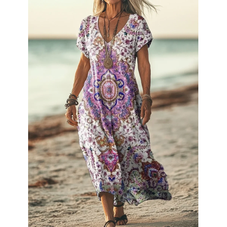 Women's Short Sleeve Summer Floral Printing Dress V Neck Daily Going Out Casual Maxi T-Shirt Dress H-Line Dress