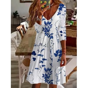 Women's Long Sleeve Summer Floral Printing Dress V Neck Daily Going Out Casual Midi Tunic A-Line Dress