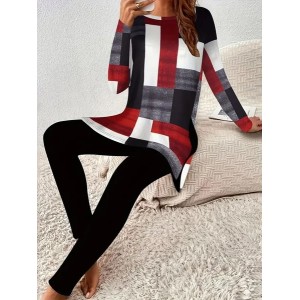 Women's Printing Plaid Daily Going Out Two Piece Set Long Sleeve Casual Spring/Fall Top With Pants Matching Set