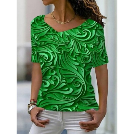 Women's Short Sleeve Tee T-shirt Summer Floral V Neck Casual Top