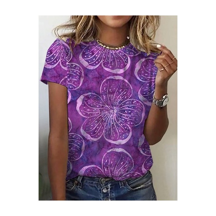 Women's Short Sleeve Tee T-shirt Summer Floral Crew Neck Casual Top