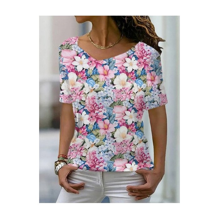 Women's Short Sleeve Tee T-shirt Summer Floral V Neck Casual Top