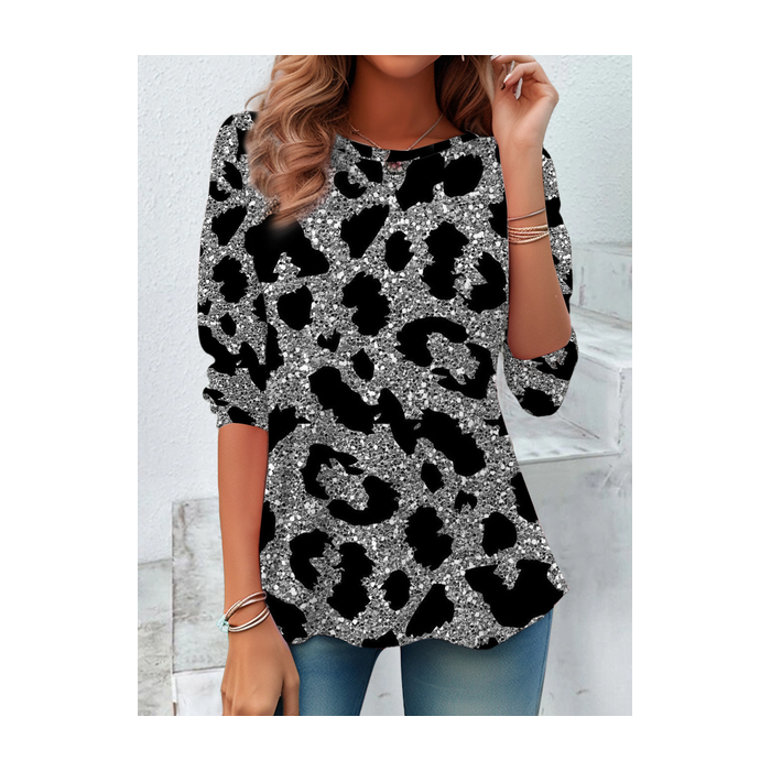 Women's Long Sleeve Tee T-shirt Spring/Fall Leopard Printing Crew Neck Casual Top