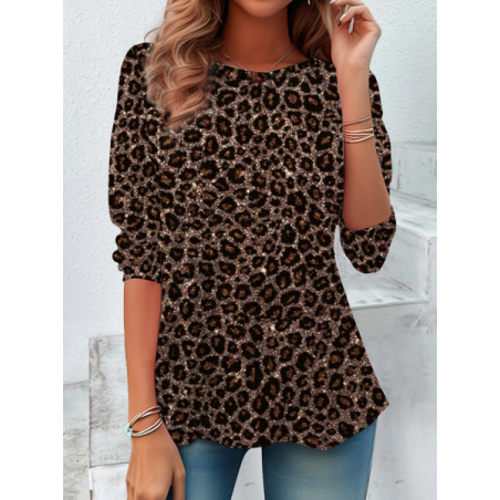Women's Long Sleeve Tee T-shirt Spring/Fall Leopard Printing Crew Neck Casual Top