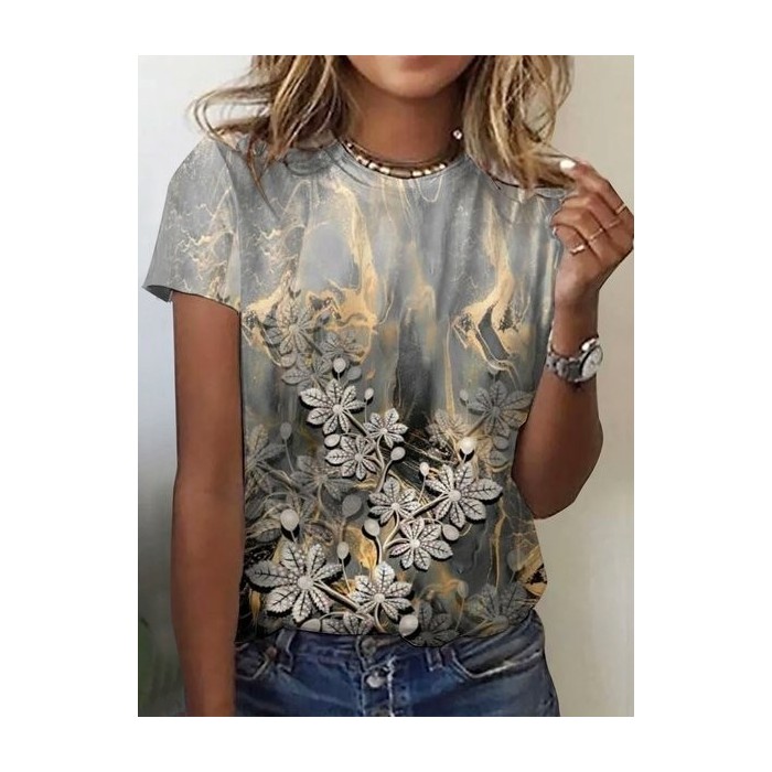 Women's Short Sleeve Tee T-shirt Summer Floral Crew Neck Casual Top