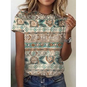 Women's Short Sleeve Tee T-shirt Summer Ethnic Crew Neck Casual Top