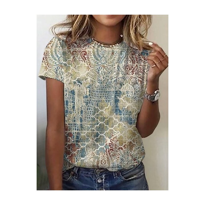 Women's Short Sleeve Tee T-shirt Summer Ethnic Crew Neck Casual Top