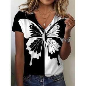 Women's Short Sleeve Tee T-shirt Summer Butterfly V Neck Casual Top