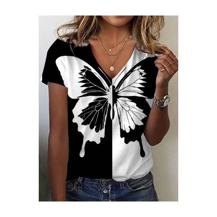 Women's Short Sleeve Tee T-shirt Summer Butterfly V Neck Casual Top