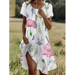 Women's Short Sleeve Summer Floral Dress Crew Neck Daily Going Out Casual Midi H-Line T-Shirt Dress