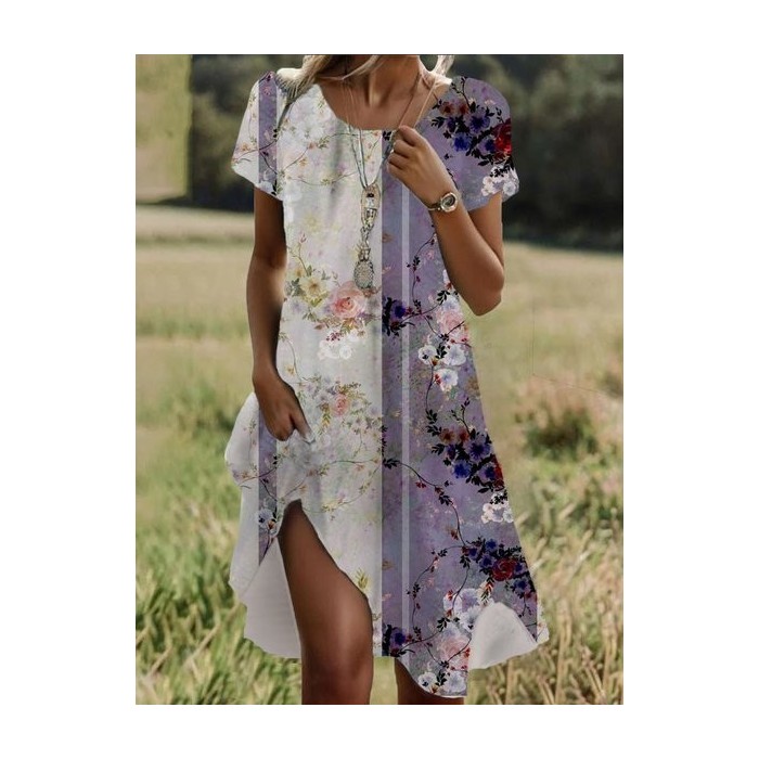 Women's Short Sleeve Summer Floral Dress Crew Neck Daily Going Out Casual Midi H-Line T-Shirt Dress