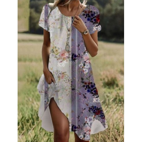 Women's Short Sleeve Summer Floral Dress Crew Neck Daily Going Out Casual Midi H-Line T-Shirt Dress