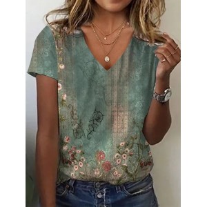 Women's Short Sleeve Tee T-shirt Summer Floral Jersey V Neck Holiday Going Out Casual Top