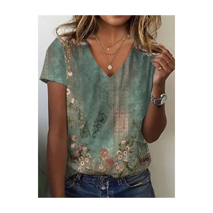 Women's Short Sleeve Tee T-shirt Summer Floral Jersey V Neck Holiday Going Out Casual Top
