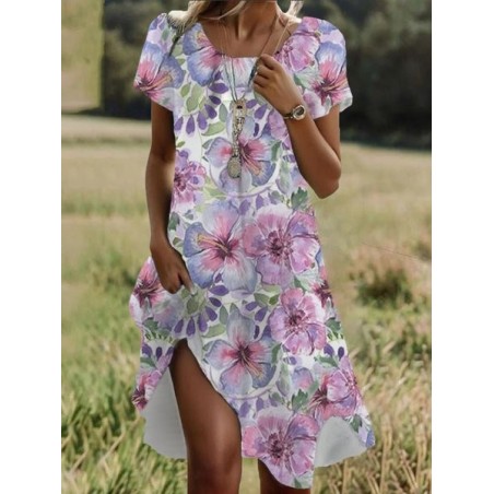 Women's Short Sleeve Summer Floral Dress Crew Neck Daily Going Out Casual Midi H-Line T-Shirt Dress