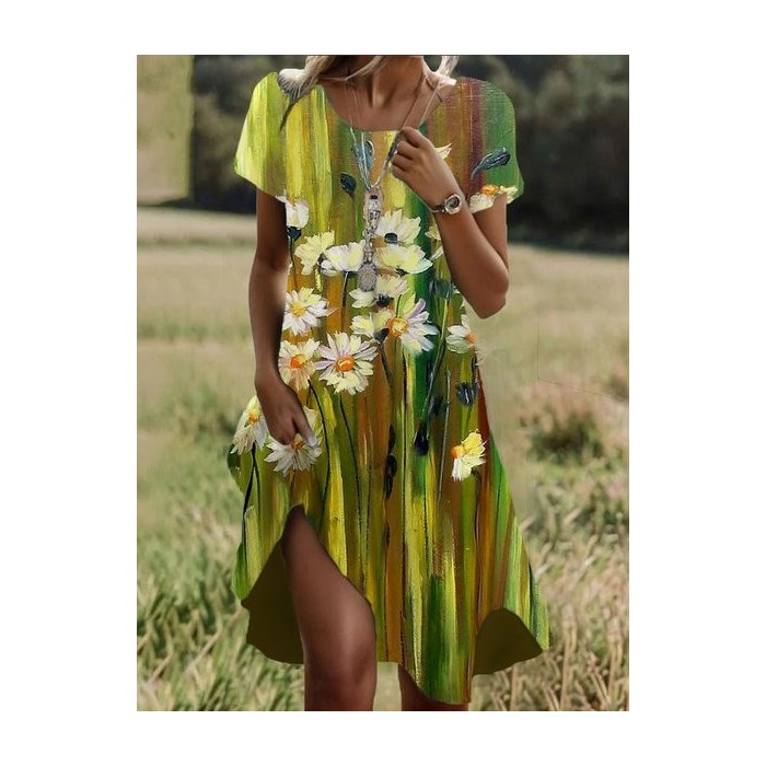 Women's Short Sleeve Summer Floral Dress Crew Neck Daily Going Out Casual Midi H-Line T-Shirt Dress