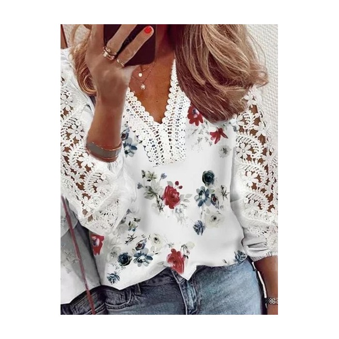 Women Floral Print Lace Patchwork Long Sleeve V Neck Holiday Blouse