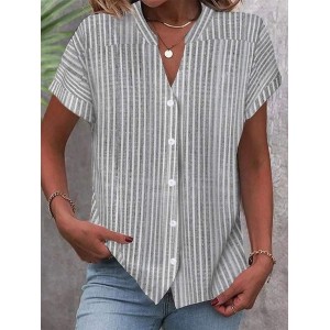 Stand Collar Striped Loose Casual Blouse
