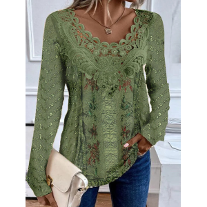 Women's Long Sleeve Blouse Spring/Fall Random Print Lace Jersey Crew Neck Daily Going Out Casual Top Green