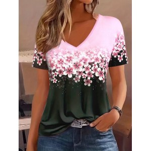 Women's Short Sleeve Tee T-shirt Summer Floral Printing Knitted V Neck Daily Going Out Casual Top Pink