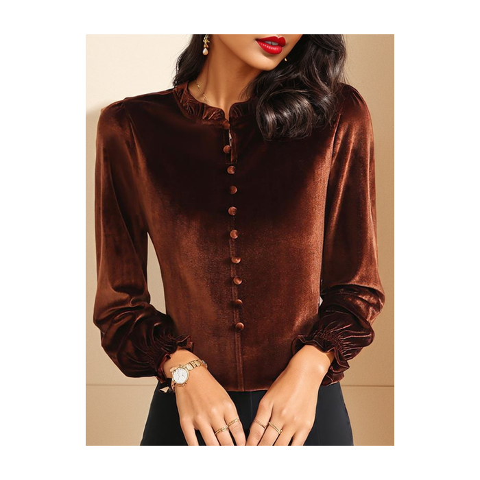 Women's Long Sleeve Blouse Spring/Fall Plain Buckle Velvet Lotus Leaf Collar Daily Going Out Casual Top