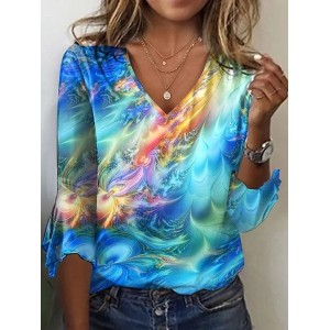 Women's Three Quarter Sleeve Tee T-shirt Spring/Fall Gradient Pattern Printing Jersey V Neck Daily Going Out Vintage Top