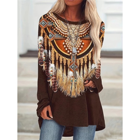 Women's Long Sleeve Tee T-shirt Spring/Fall Ethnic Printing Jersey Crew Neck Holiday Going Out Casual Top