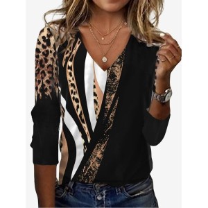 Women's Long Sleeve Tee T-shirt Spring/Fall Leopard Jersey V Neck Daily Going Out Casual Top