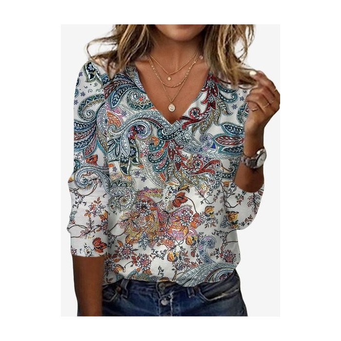 Women's Long Sleeve Tee T-shirt Spring/Fall Ethnic Jersey V Neck Daily Going Out Casual Top