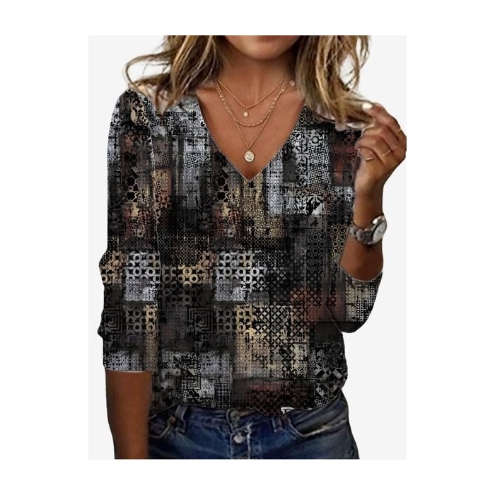 Women's Long Sleeve Tee T-shirt Spring/Fall Geometric Jersey V Neck Daily Going Out Casual Top