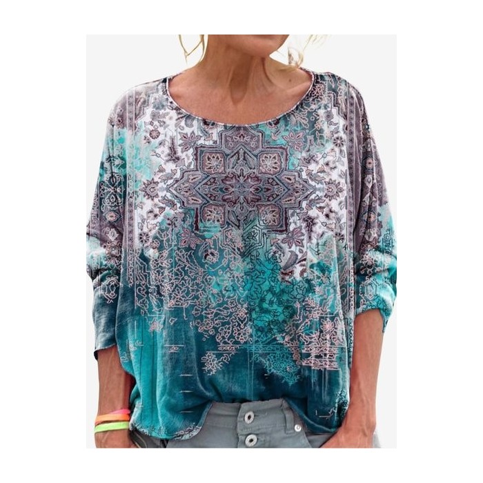 Women's Long Sleeve Tee T-shirt Spring/Fall Ethnic Jersey Crew Neck Holiday Going Out Casual Top