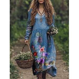 Women's Long Sleeve Spring/Fall Floral Jersey Dress V Neck Daily Going Out Casual Maxi A-Line T-Shirt Dress