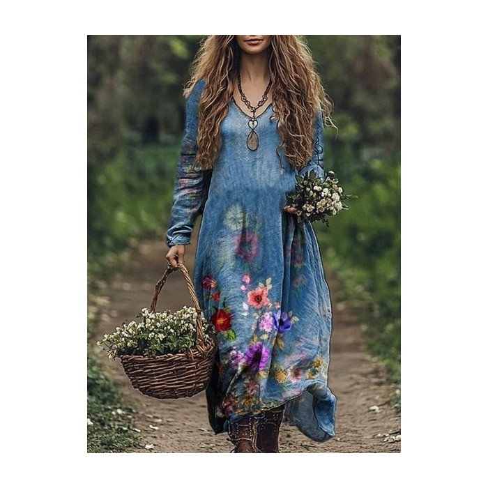 Women's Long Sleeve Spring/Fall Floral Jersey Dress V Neck Daily Going Out Casual Maxi A-Line T-Shirt Dress