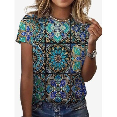 Women's Short Sleeve Tee T-shirt Summer Ethnic Jersey Crew Neck Holiday Going Out Casual Top