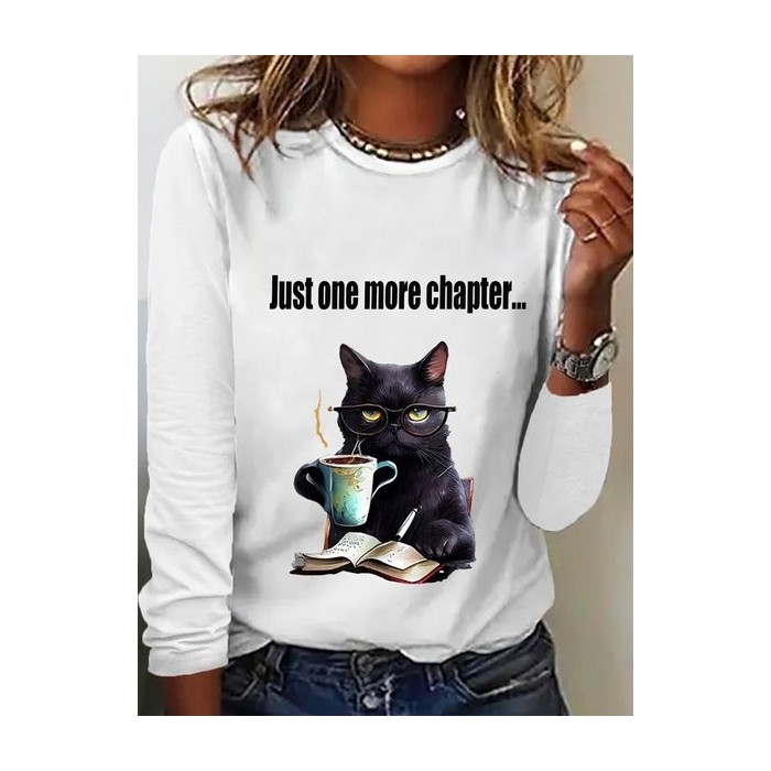 Women's Just One More Chapter Funny Cat Print Long Sleeve Crew Neck T-shirt