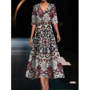Women's Short Sleeve Summer Ethnic Dress V Neck Daily Going Out Casual Maxi A-Line
