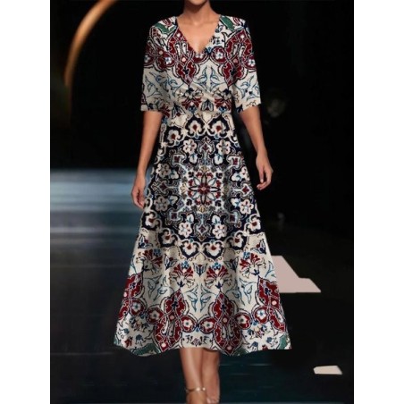 Women's Short Sleeve Summer Ethnic Dress V Neck Daily Going Out Casual Maxi A-Line