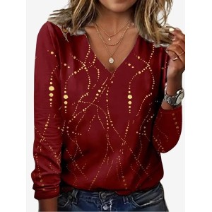 Women's Long Sleeve Tee T-shirt Spring/Fall Geometric Jersey V Neck Daily Going Out Casual Top